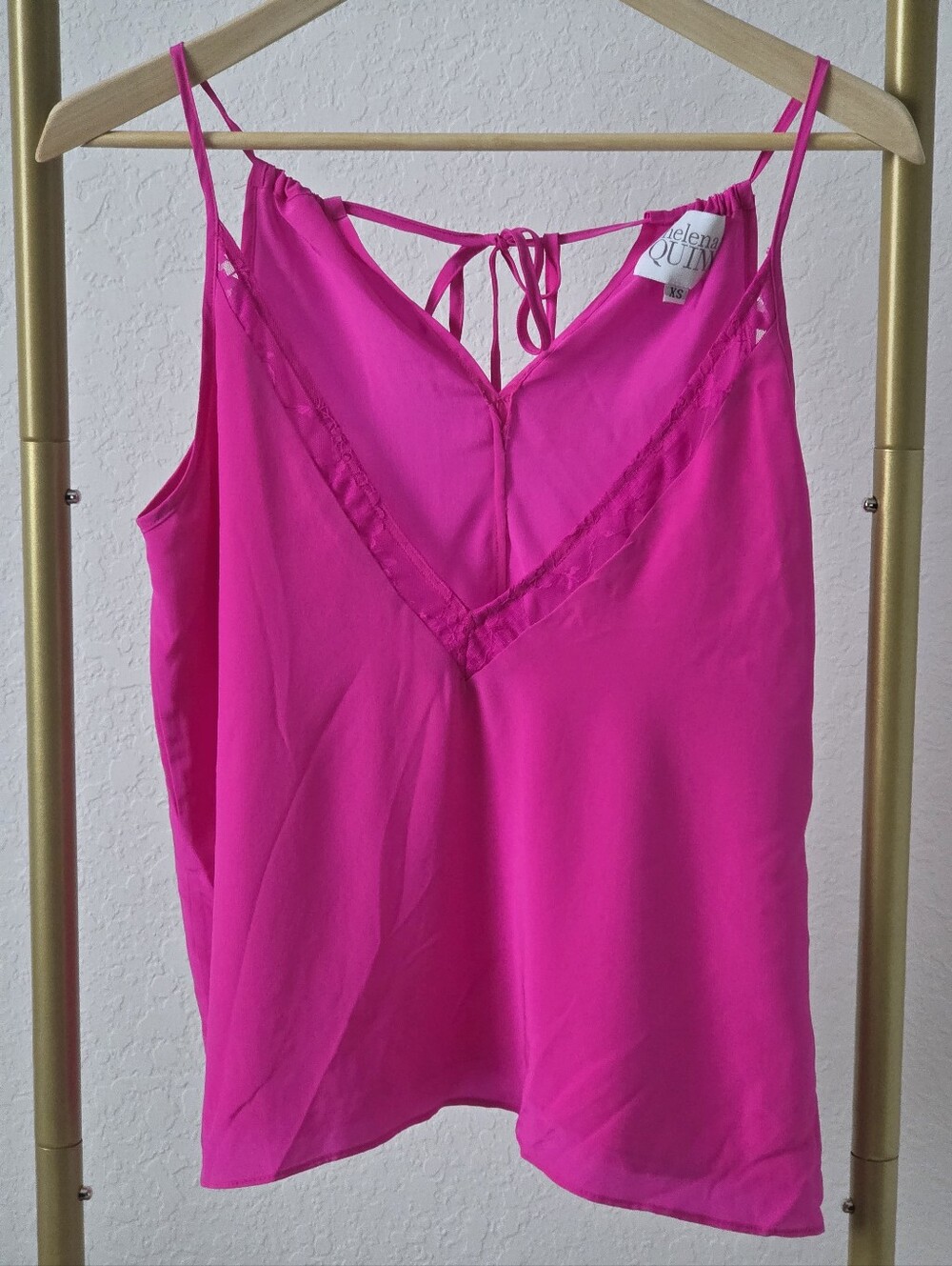 Helena Quinn 100% Silk Charmeuse Cami Tank With Lace, XS, Hot Pink